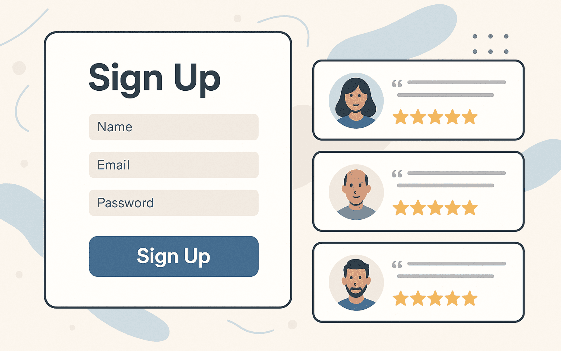 Avis clients affichés à côté d’un formulaire d’inscription sur un site web