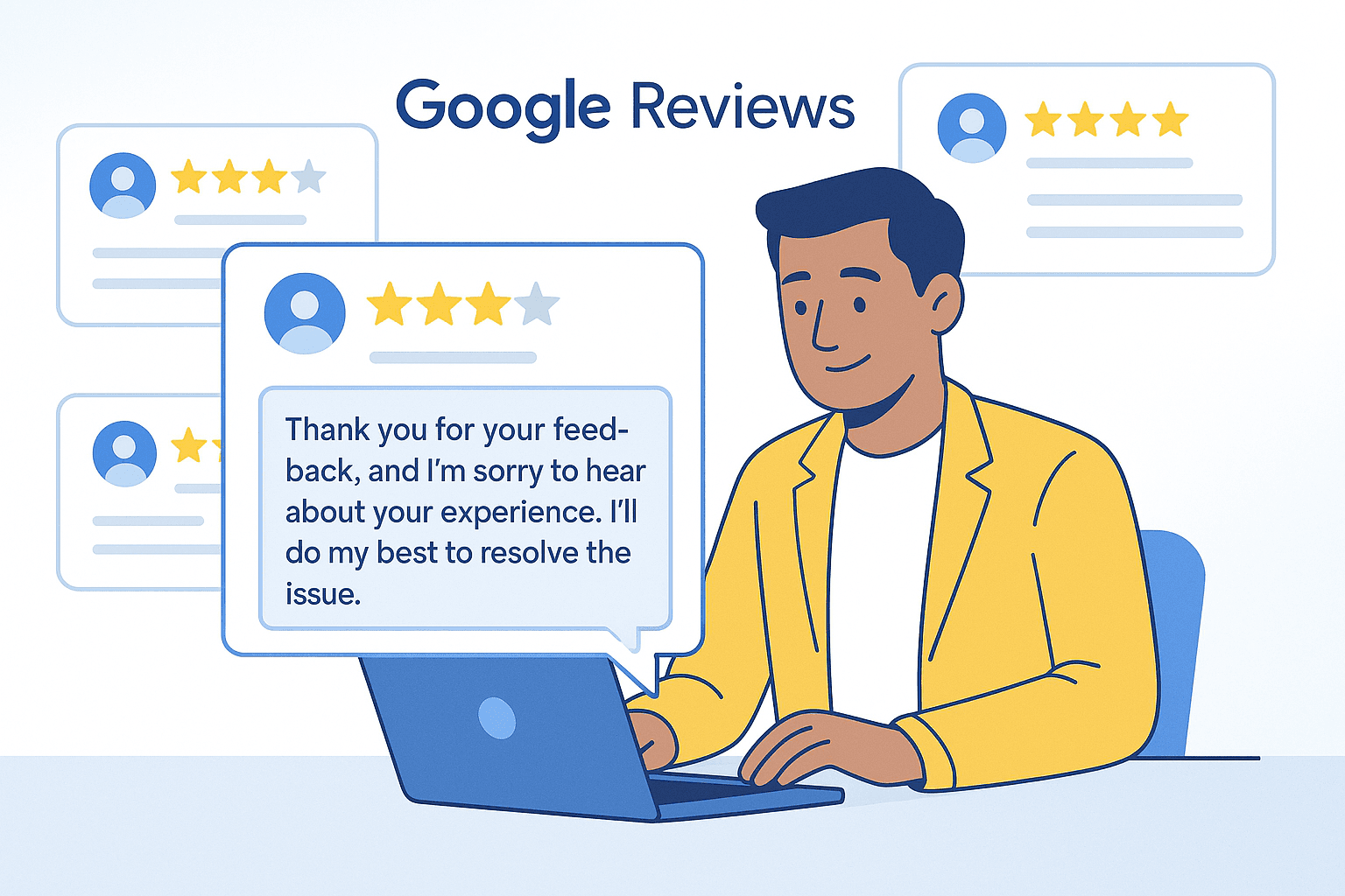Interface Google Business montrant un exemple de réponse professionnelle à un avis client