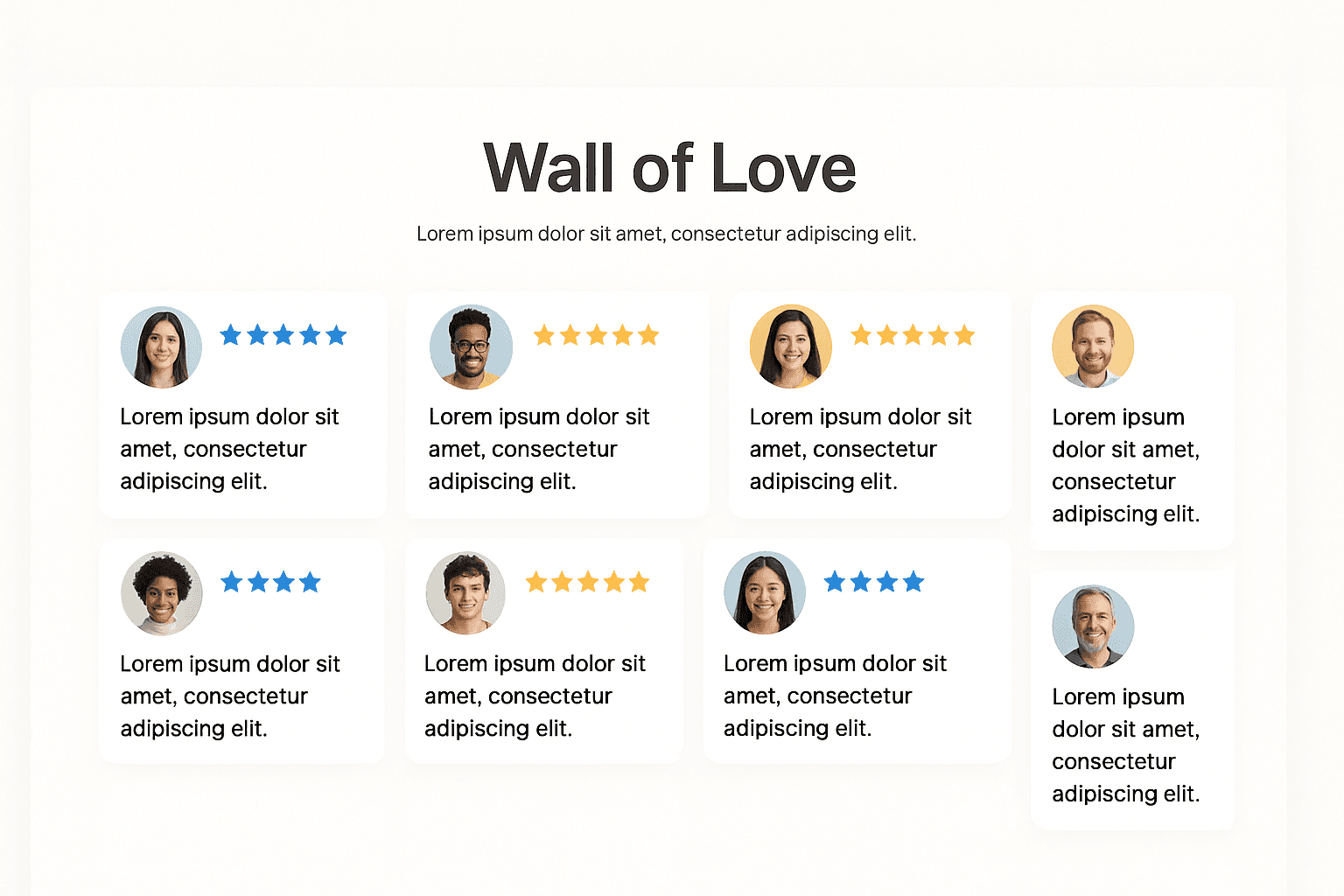 Mockup of a masonry layout displaying customer testimonials on a website Wall of Love