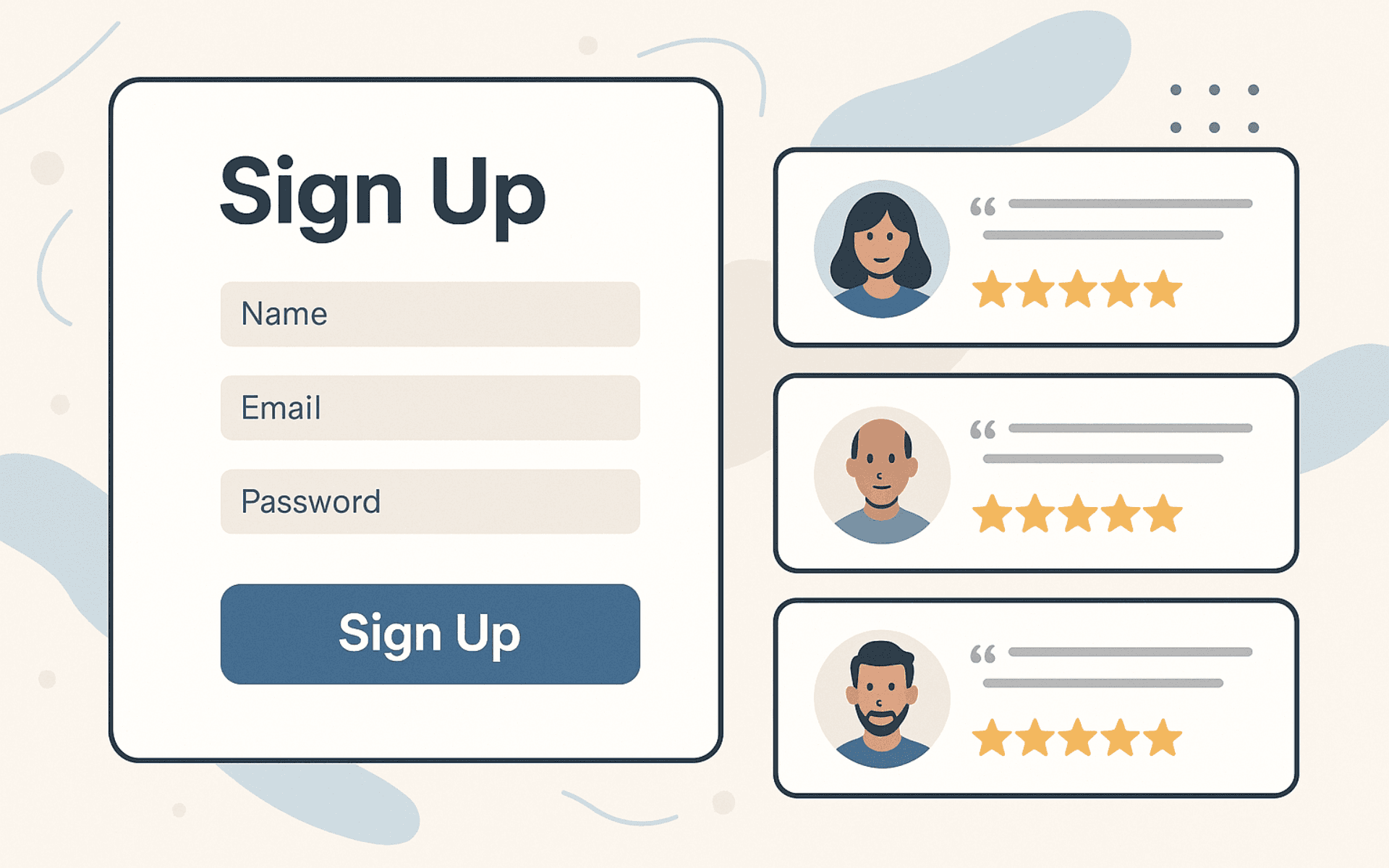 Avis clients affichés à côté d’un formulaire d’inscription sur un site web