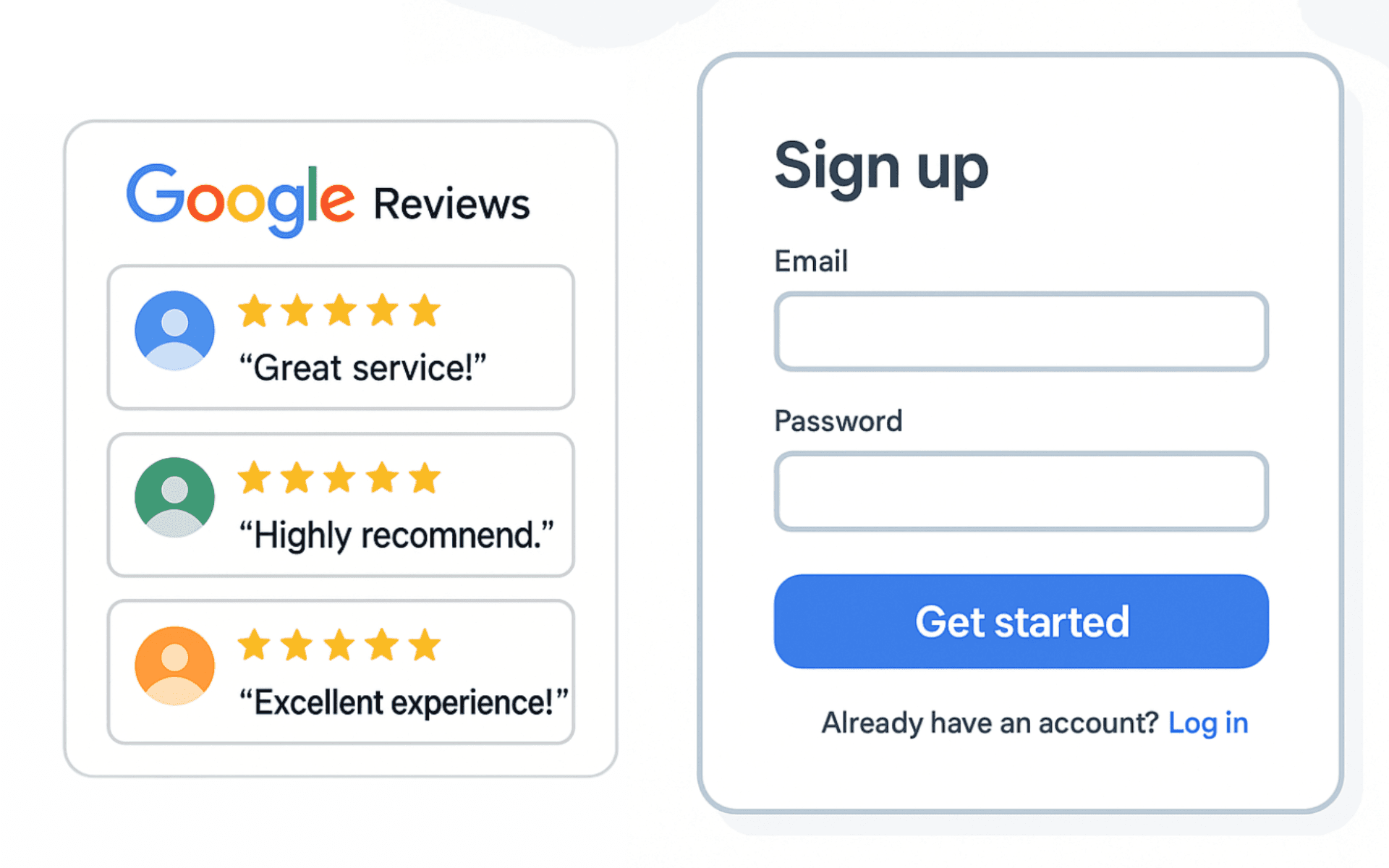 Mockup d’un site web affichant des avis Google sur une page d’accueil