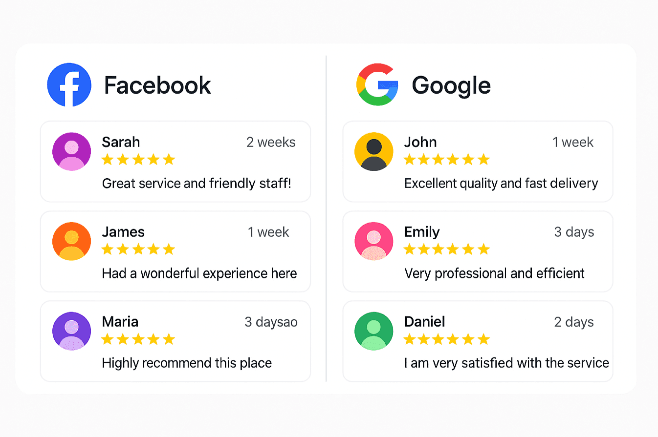 UI mockup showing Facebook and Google reviews displayed side by side on a website