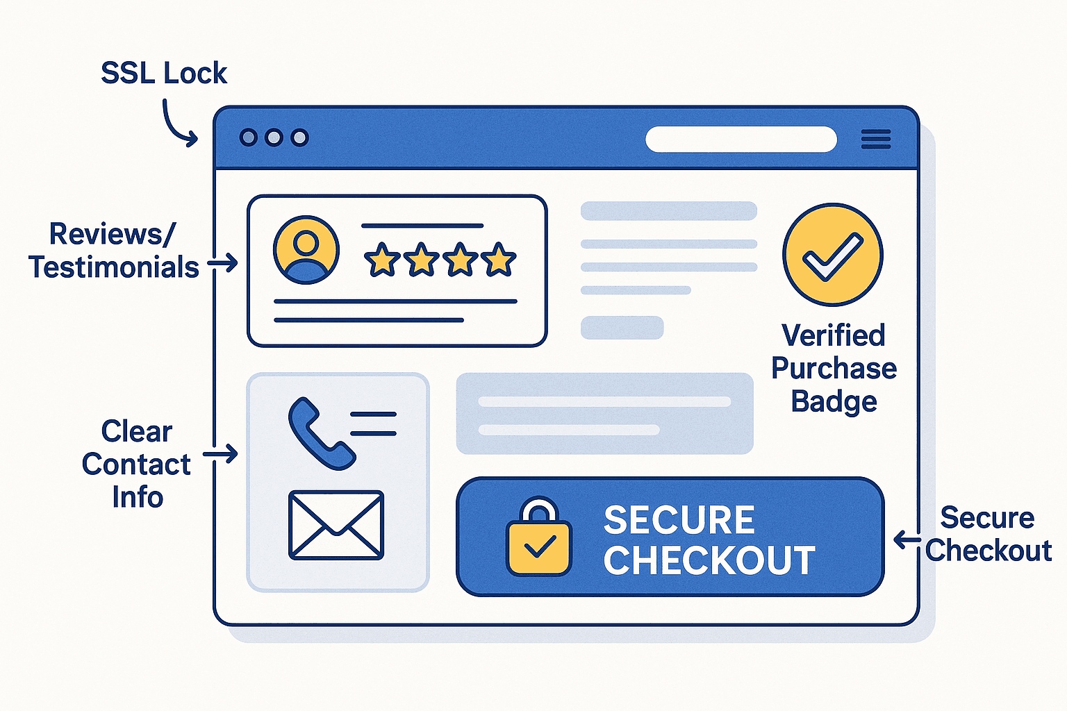 Homepage mockup annotated with trust signals: HTTPS, badges, testimonials, and secure payment icons