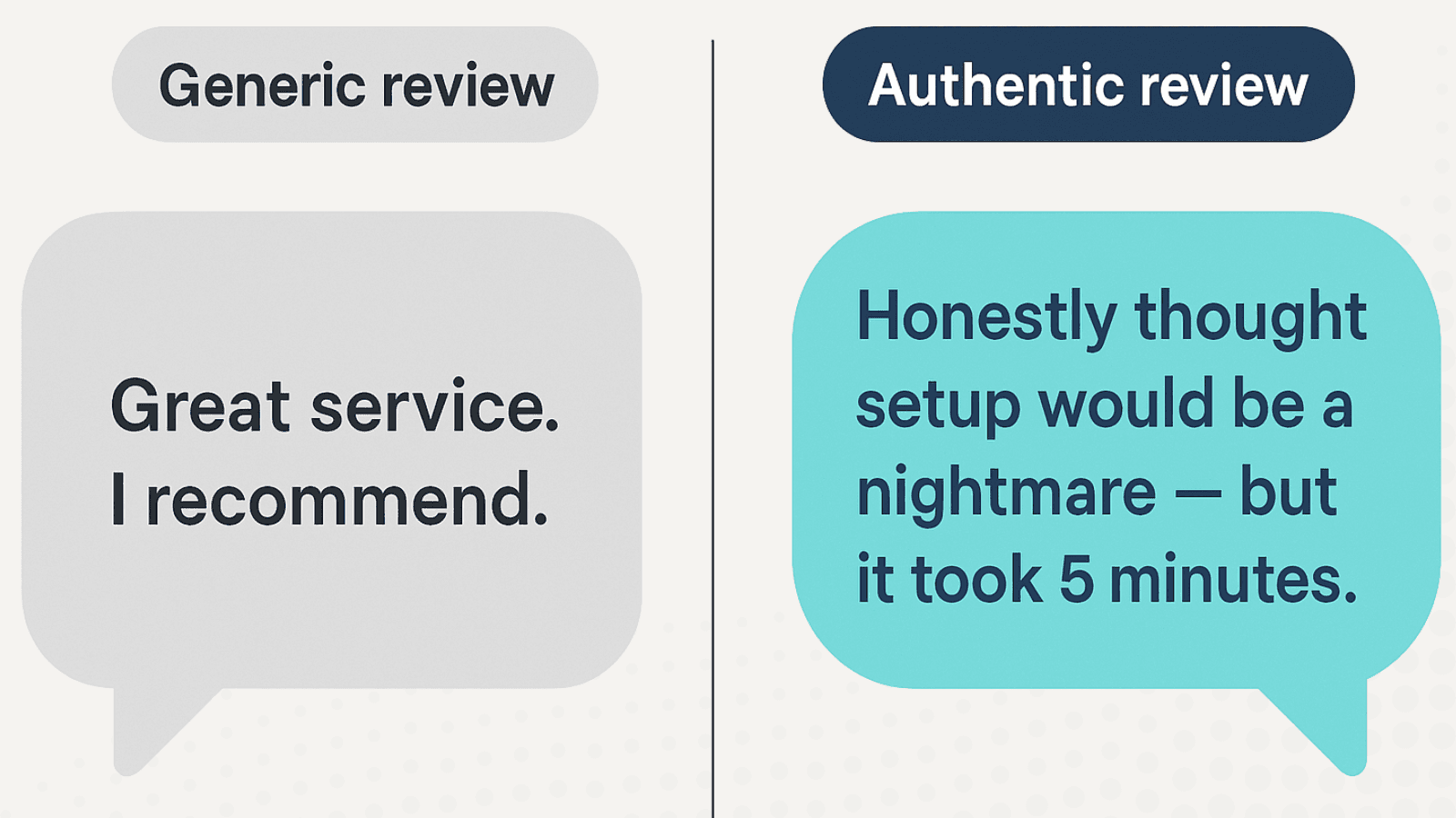 Comparaison entre une phrase marketing générique et un avis client authentique