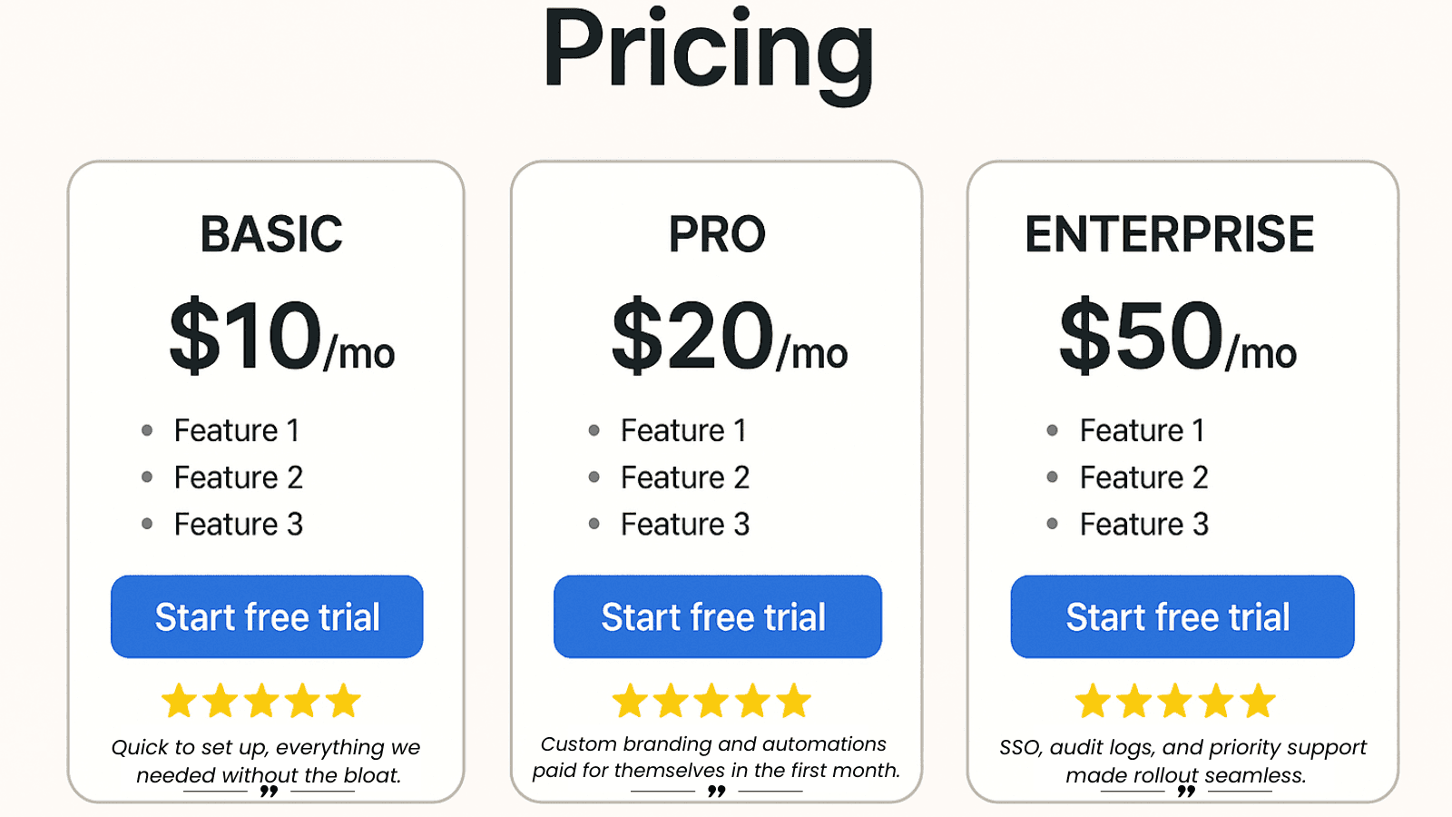 Mockup d’un site avec des avis placés stratégiquement près des CTAs sur une page tarifs