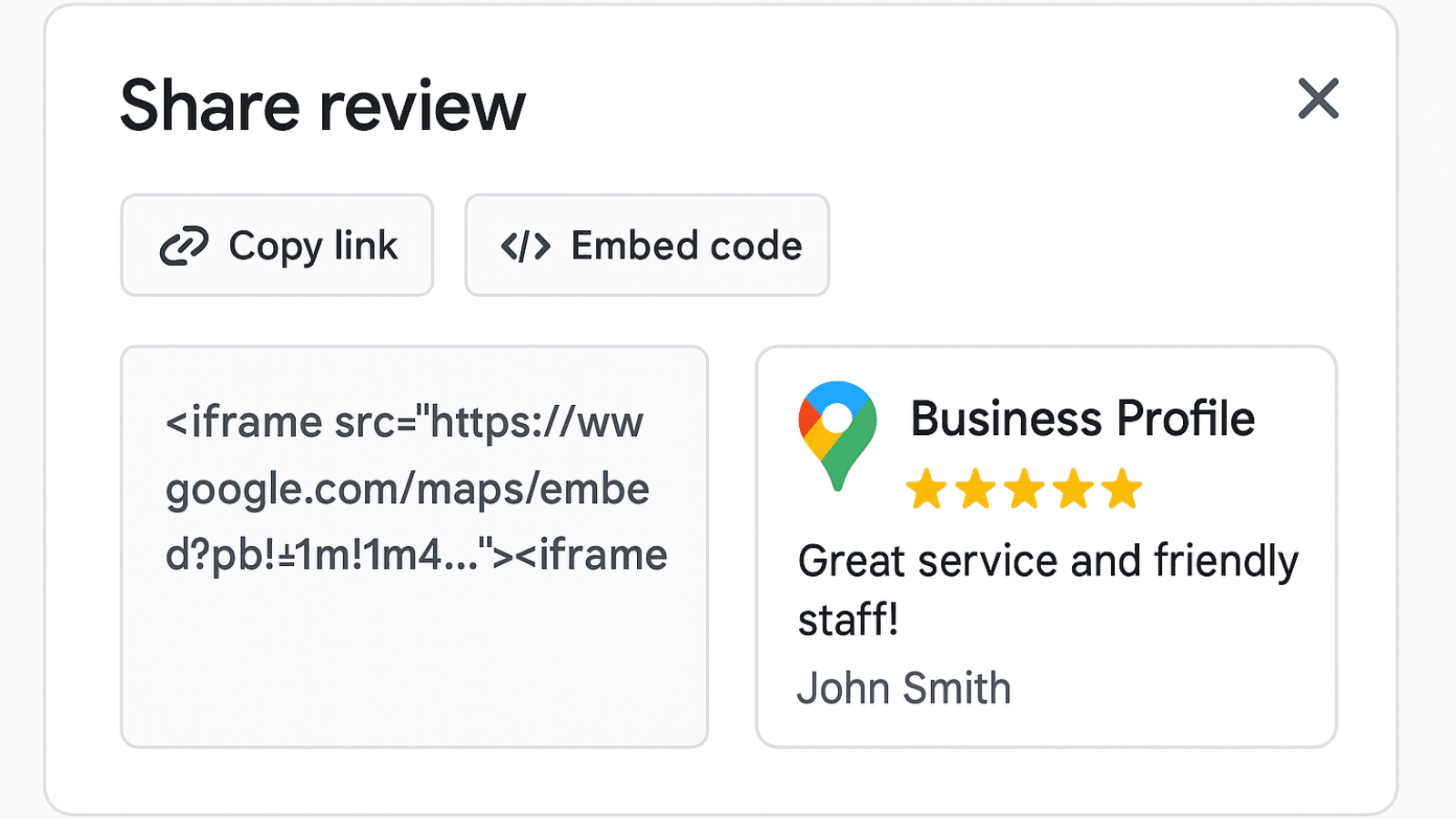 Capture d’écran des options de partage d’un avis Google avec code d’intégration