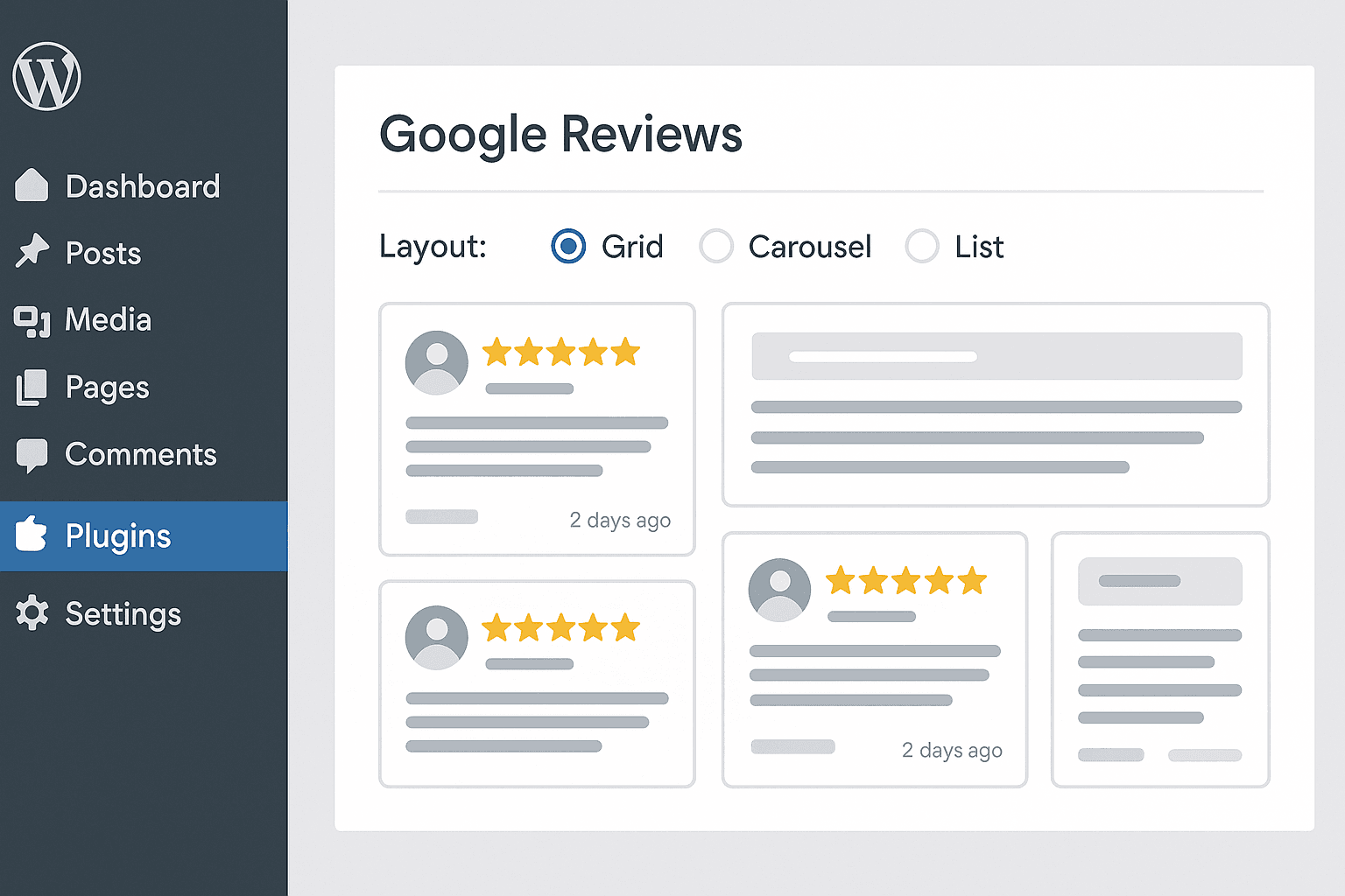 Capture d’écran du tableau de bord WordPress avec paramètres de plugin pour avis Google