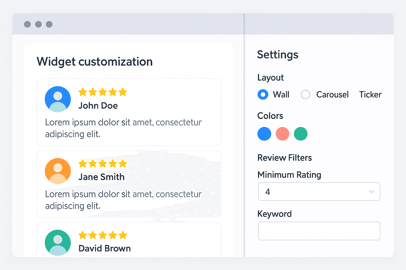 Panneau de personnalisation d’un widget avec choix de mise en page et couleurs