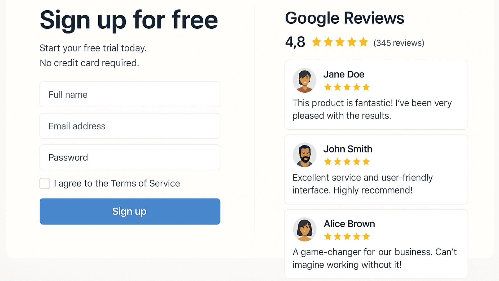 Mockup montrant une landing page avec un widget d’avis Google à côté d’un formulaire d’inscription