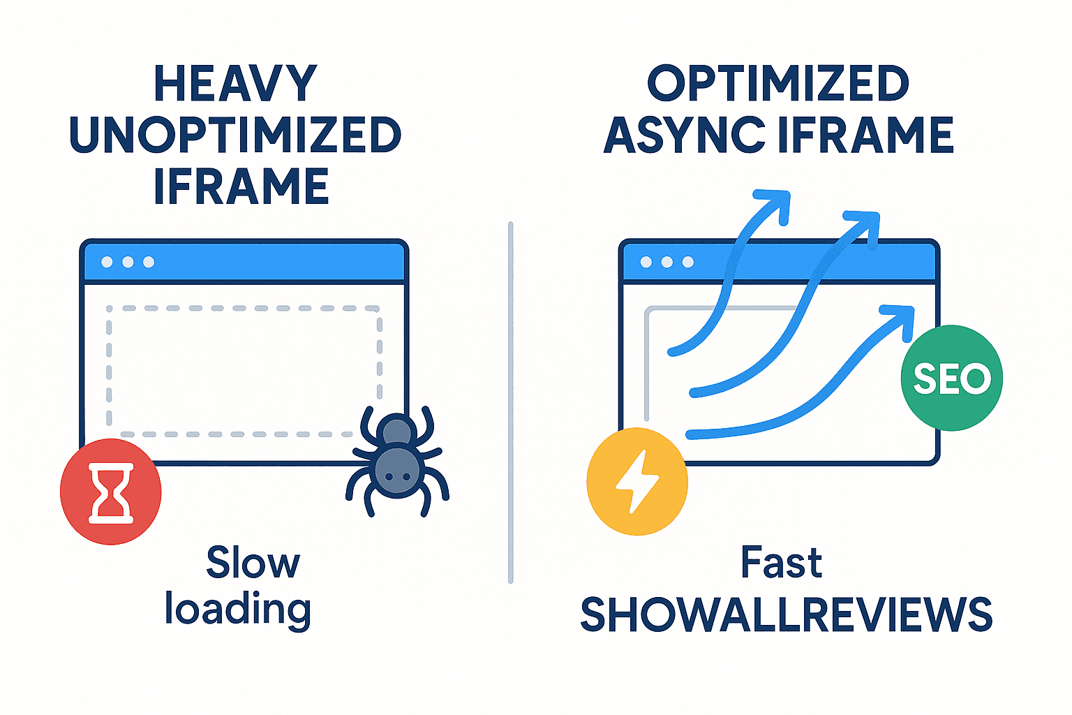 Schéma comparant une iframe lourde classique et une iframe ShowAllReviews rapide et SEO-optimisée